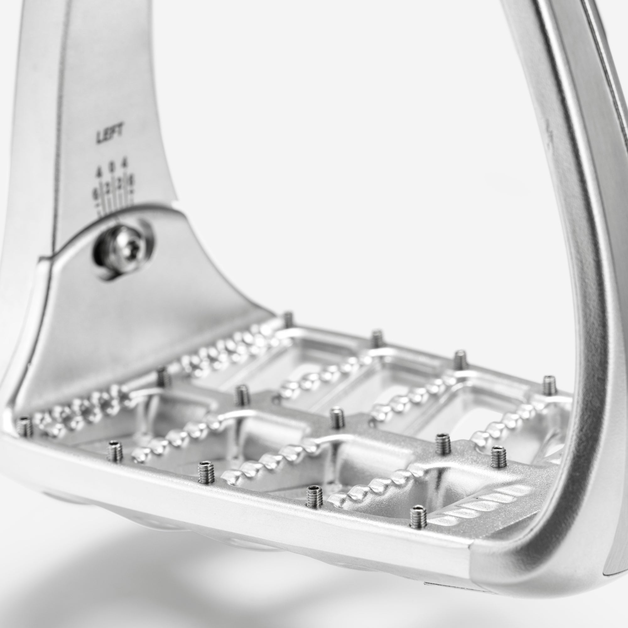 Adjustable Stirrups in Silver by RYDE - Strēid. Equestrian stirrups with magnetic safety release and adjustable design.