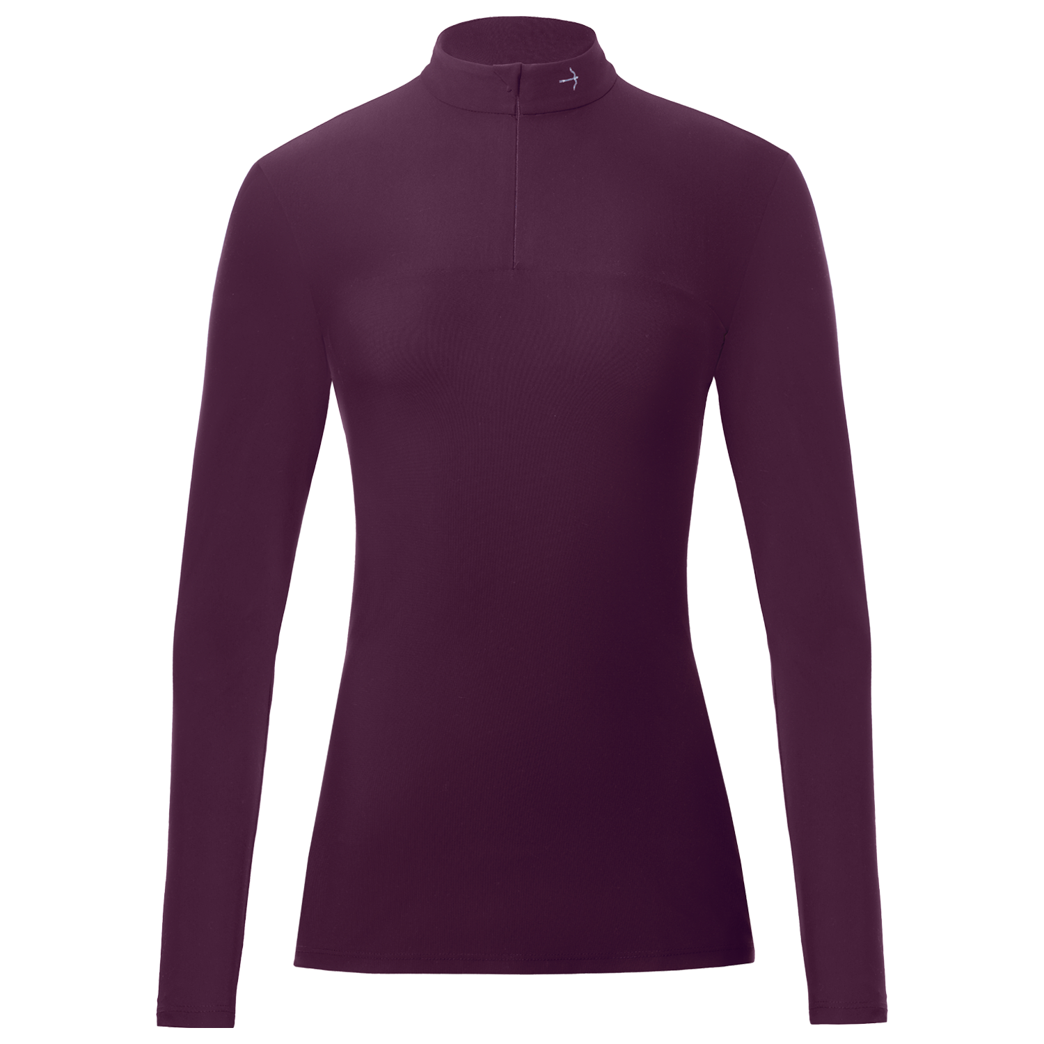 Carlotta Crystal Plum Long Sleeve Training Shirt by LAGUSO - STRĒID. Sporty equestrian shirt with glitter arrow, SPF 50, and breathable plum fabric.
