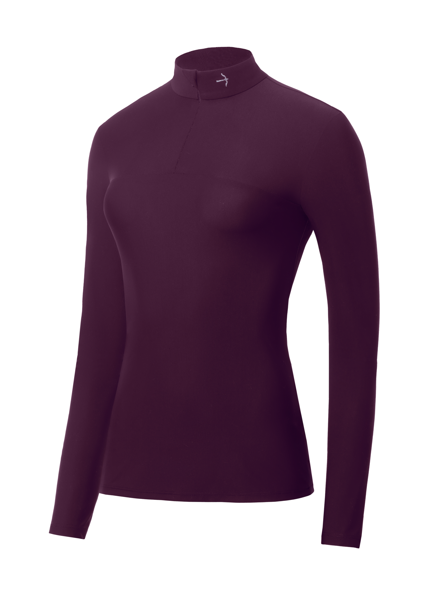 Carlotta Crystal Plum Long Sleeve Training Shirt by LAGUSO - STRĒID. Sporty equestrian shirt with glitter arrow, SPF 50, and breathable plum fabric.