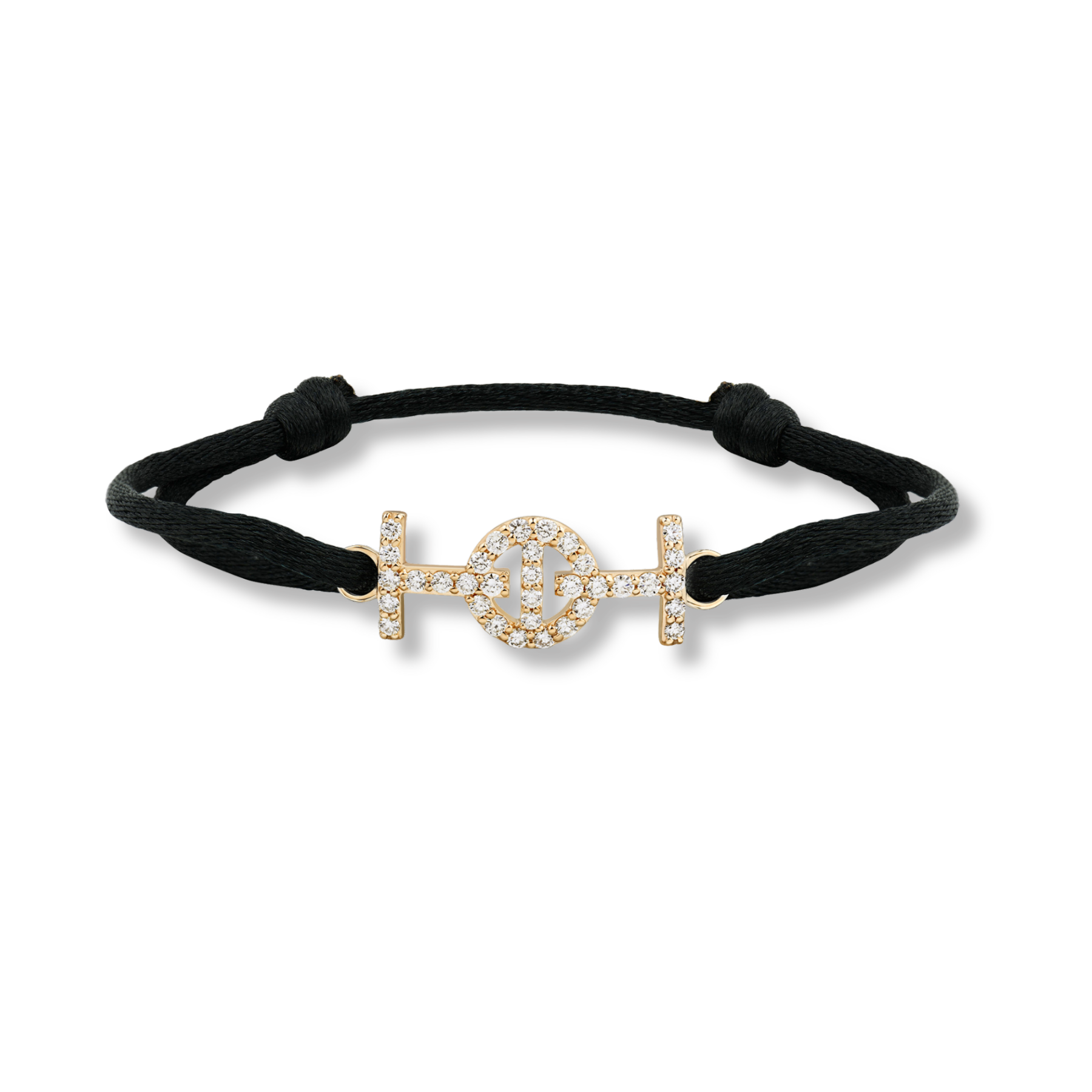 Challenge Cord Bracelet Black Silk Yellow Gold with Diamonds by TOTI - Strēid. Luxurious monogram bracelet with black silk cord and empowerment symbolism