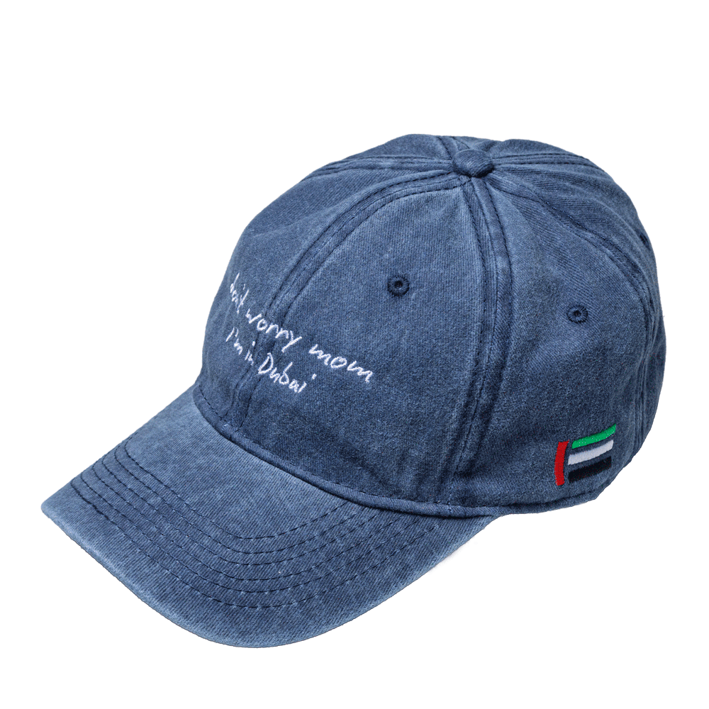 DXB Washed Denim Cap - Don't Worry Mom – STRĒID. Relaxed fit denim cap perfect for daily wear in Dubai and UAE.
