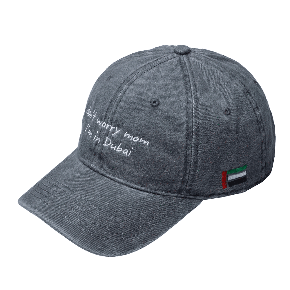 DXB Washed Denim Cap - Don't Worry Mom – STRĒID. Vintage style cap that feels Nice – Made with UAE heart.