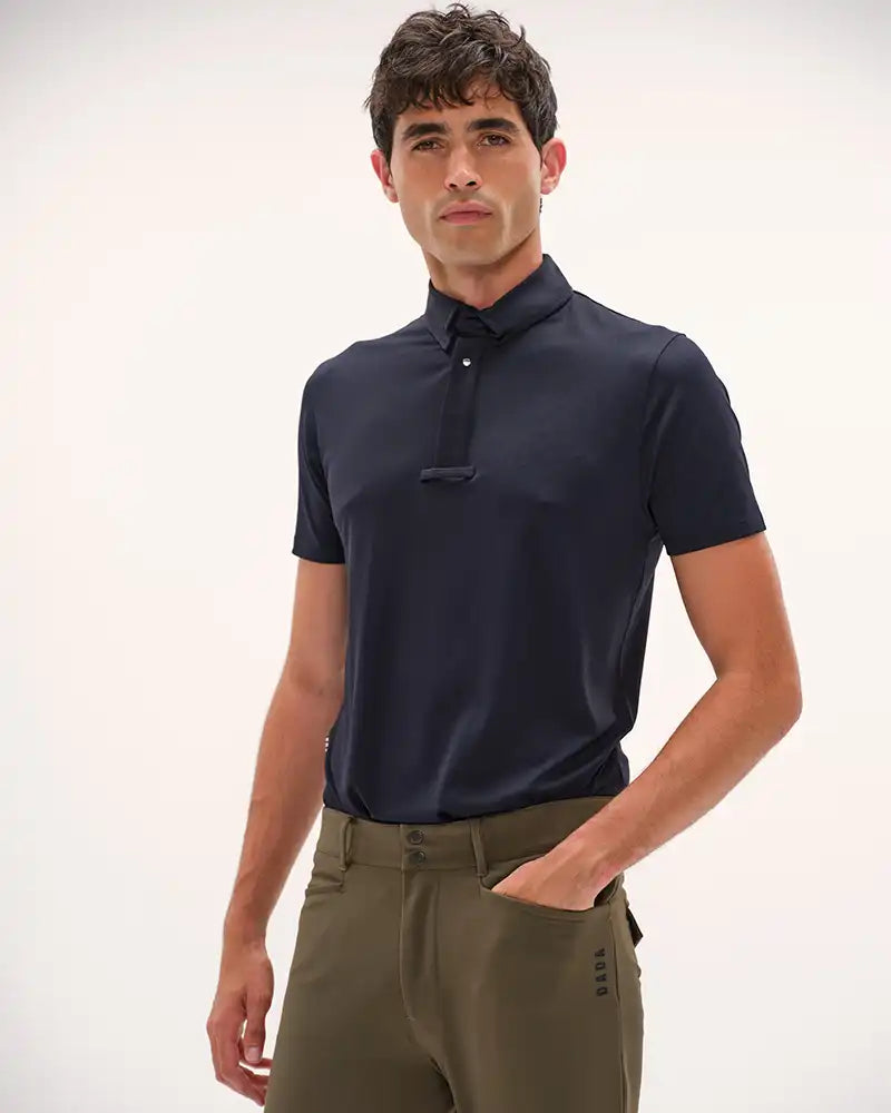 Dada Sport Blue Competition Polo Shirt - STRĒID. Short-sleeve lightweight show polo with invisible snaps, tie loop, double monogram, bi-stretch breathable Italian fabric.