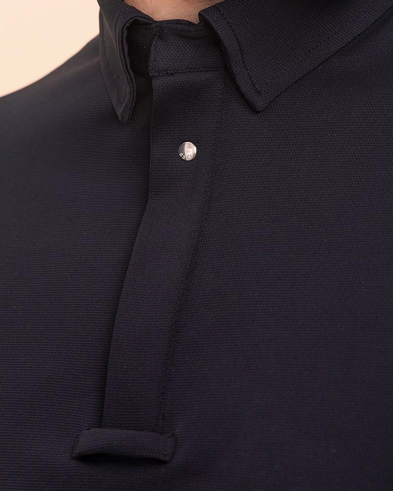 Dada Sport Blue Competition Polo Shirt - STRĒID. Short-sleeve lightweight show polo with invisible snaps, tie loop, double monogram, bi-stretch breathable Italian fabric.