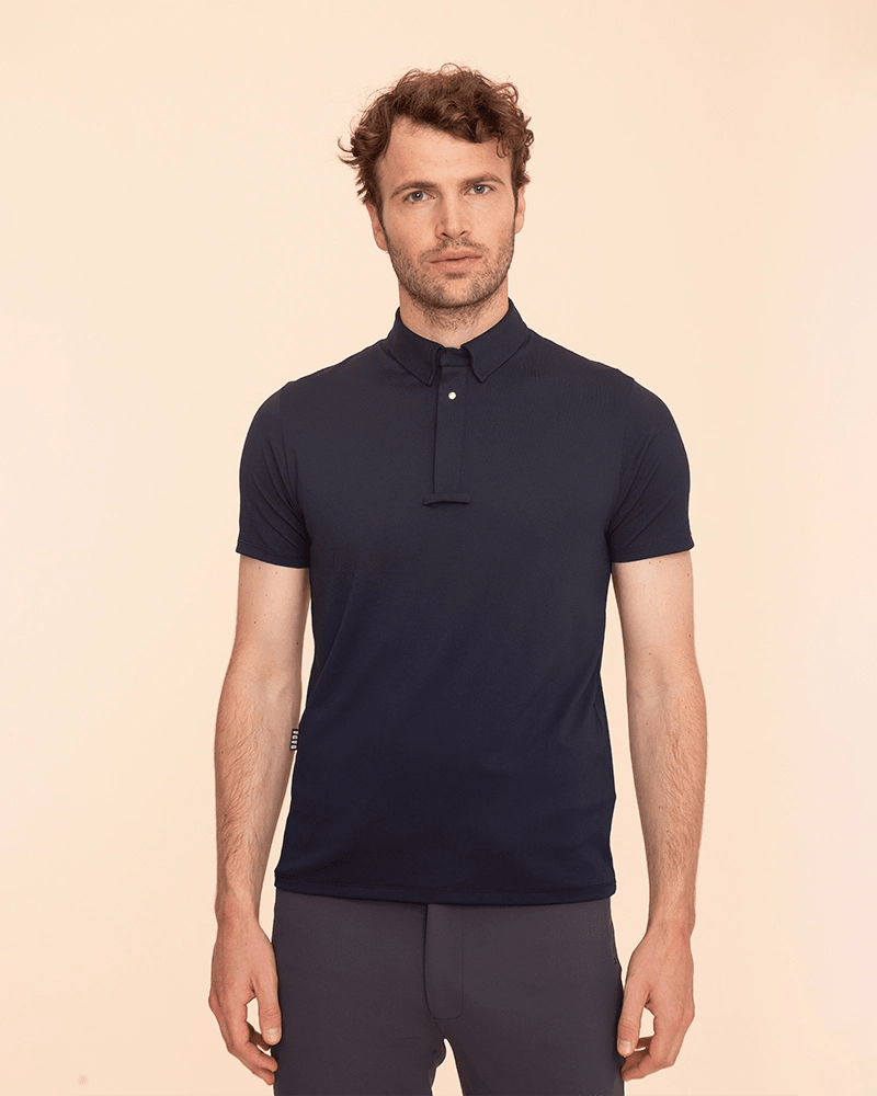 Dada Sport Blue Competition Polo Shirt - STRĒID. Short-sleeve lightweight show polo with invisible snaps, tie loop, double monogram, bi-stretch breathable Italian fabric.