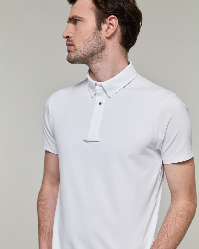 Dada Sport Blue Competition Polo Shirt - STRĒID. Short-sleeve lightweight show polo with invisible snaps, tie loop, double monogram, bi-stretch breathable Italian fabric.