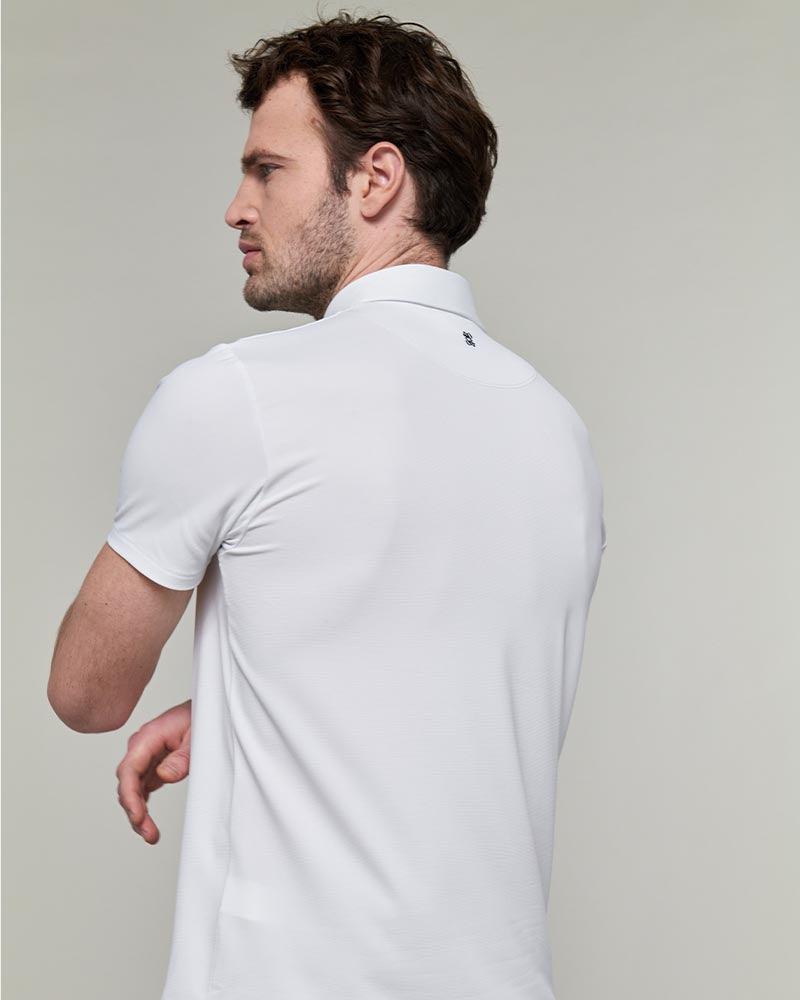 Dada Sport Blue Competition Polo Shirt - STRĒID. Short-sleeve lightweight show polo with invisible snaps, tie loop, double monogram, bi-stretch breathable Italian fabric.