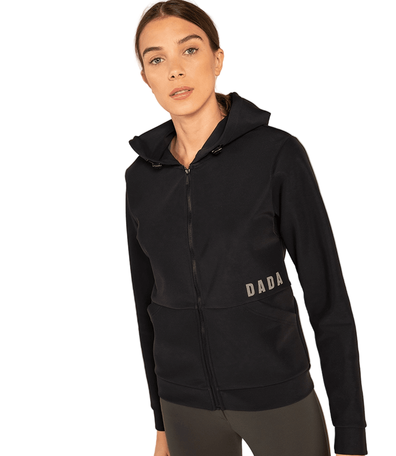 Dada Sport Dexter Hooded Softshell Riding Jacket Black - STRĒID. Unisex black riding jacket with fleece lining, water-repellent softshell, adjustable hood, and patch pockets.