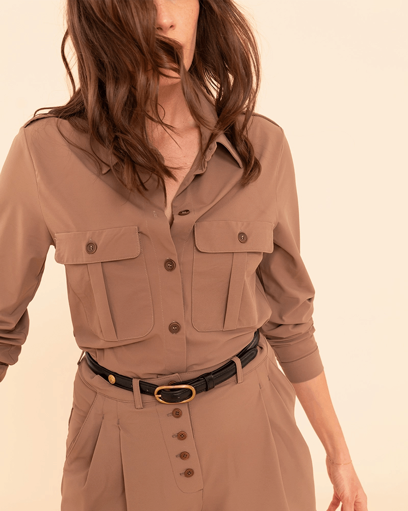 Dada Sport Hattina Technical Shirt Mocha - STRĒID. Breathable mocha safari shirt with flap pockets, bi-stretch fabric, vegetable ivory buttons, perfect for riding or town.