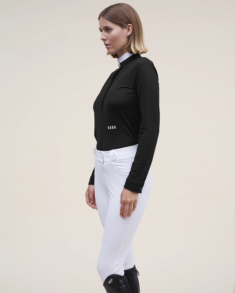 Dada Sport Helios ML Competition Polo Shirt - STRĒID. Long-sleeve fitted show polo with rigid officer collar, invisible buttons, microperforated recycled fabric, UPF 50+.