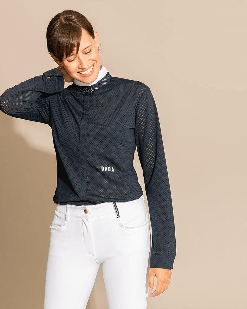 Dada Sport Helios ML Competition Polo Shirt - STRĒID. Long-sleeve fitted show polo with rigid officer collar, invisible buttons, microperforated recycled fabric, UPF 50+.