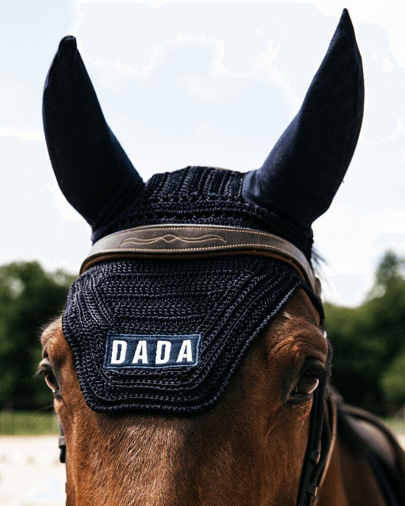 Dada Sport Polias Ear Bonnet Navy - STRĒID. French-made horse fly veil with embroidered Dada badge, sunproof and easy-care for equestrian protection.