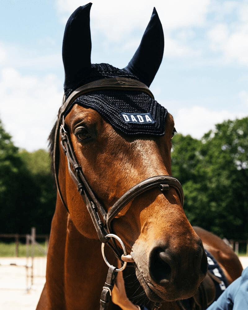 Dada Sport Polias Ear Bonnet Navy - STRĒID. French-made horse fly veil with embroidered Dada badge, sunproof and easy-care for equestrian protection.