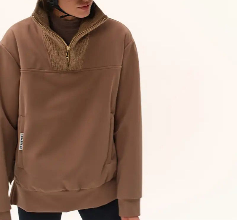 Dada Sport Urvoso Jacket Mocha - STRĒID. Thermal mocha riding jacket with gold zippers, kangaroo pockets, side vents, Sensitive Italian fabric made in Portugal.