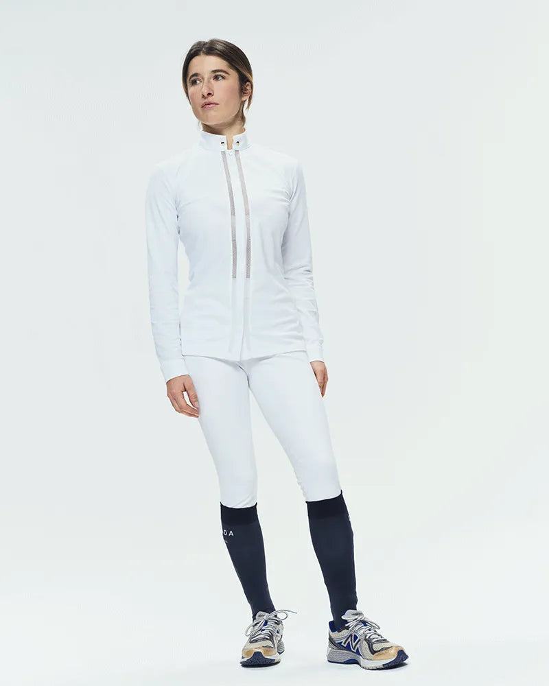 Dada Sport Venezia Competition Shirt - STRĒID. Long-sleeve slim-fit show shirt with rigid collar, hidden gold buttons, lace placket, UPF 50+, recycled Italian fabric.