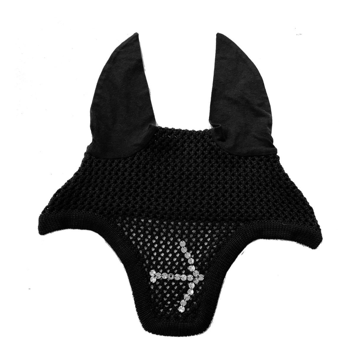 Fly Head Swarovski in Black by LAGUSO - Strēid. Premium horse fly hood with Swarovski details and LAGUSO embroidery