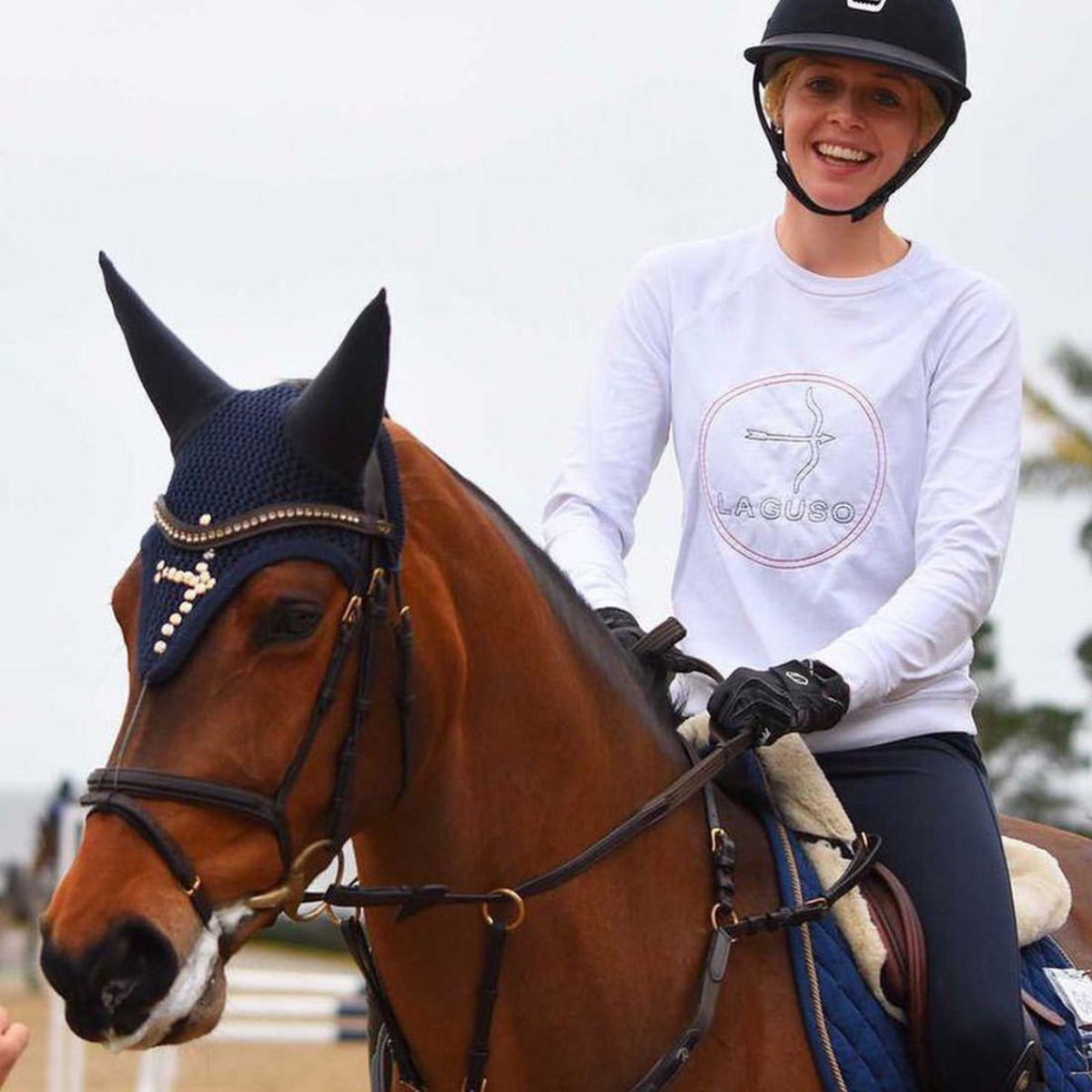 Fly Head Swarovski in Navy by LAGUSO - Strēid. Premium equestrian fly hood with Swarovski crystals and logo embroidery for horse comfort and style