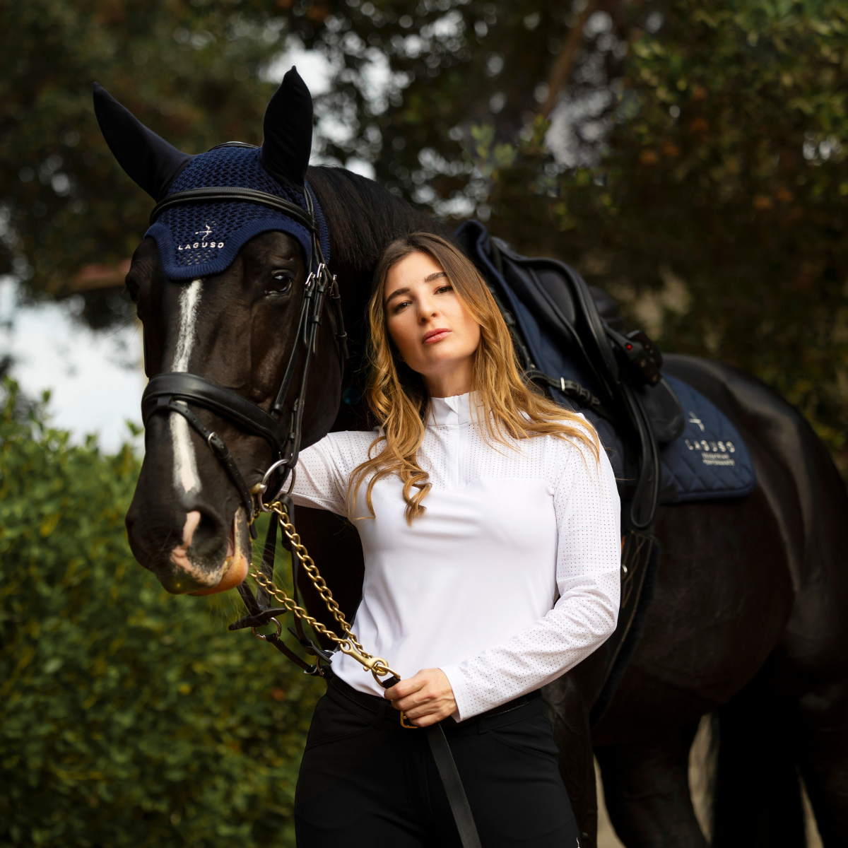 Fly Head in Navy by LAGUSO - Strēid. Premium horse fly hood with LAGUSO logo embroidery for equestrian protection.