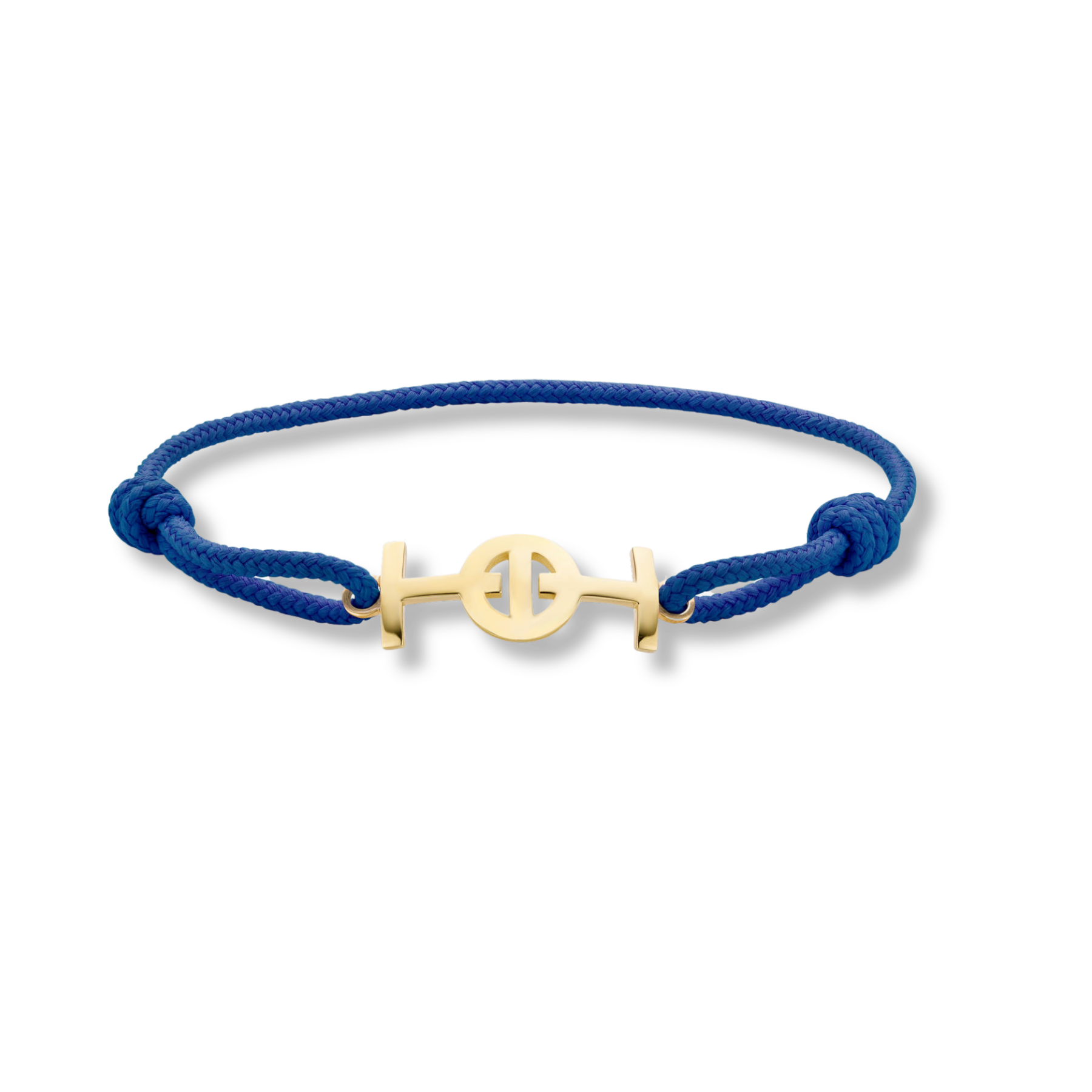 Gold 9KT Challenge Cord Bracelet in Blue by TOTI - Strēid. Vibrant monogram bracelet with empowerment symbolism and durable blue cord.