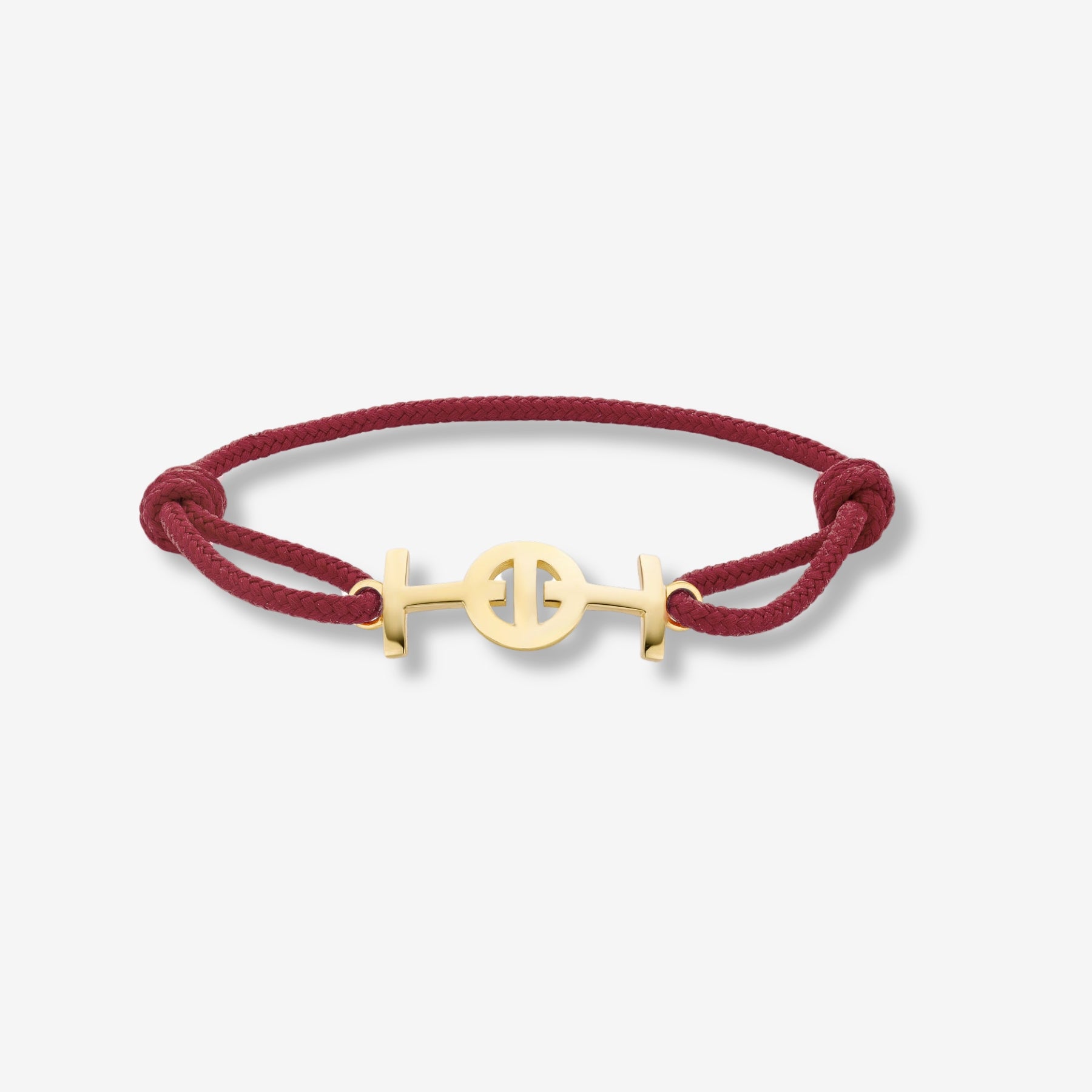 Gold 9KT Challenge Cord Bracelet in Bordeaux by TOTI - Strēid. Sophisticated monogram bracelet with bordeaux cord and empowerment symbolism.