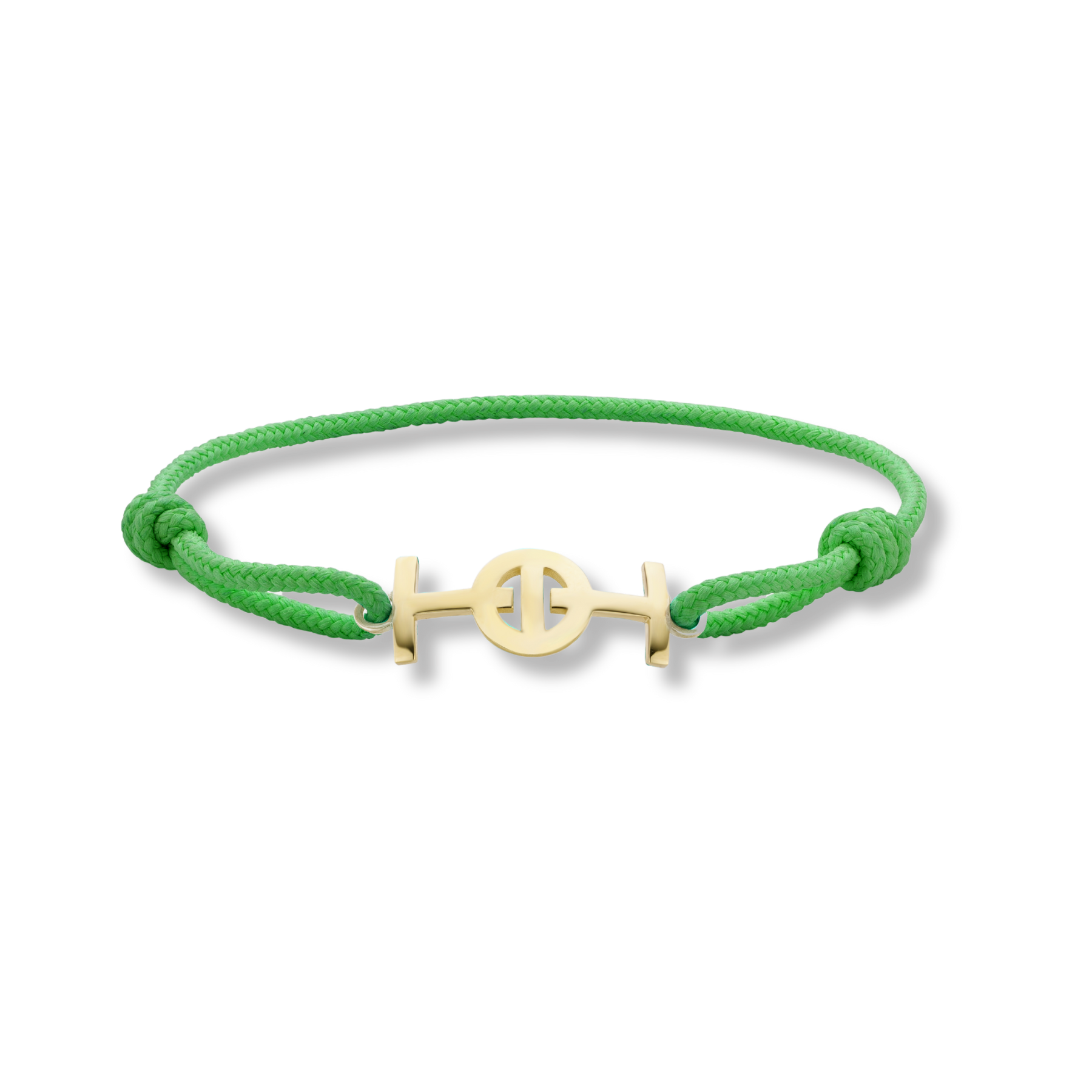 Gold 9KT Challenge Cord Bracelet in Green by TOTI - Strēid. Inspirational monogram bracelet with empowerment symbolism and vibrant green cord.