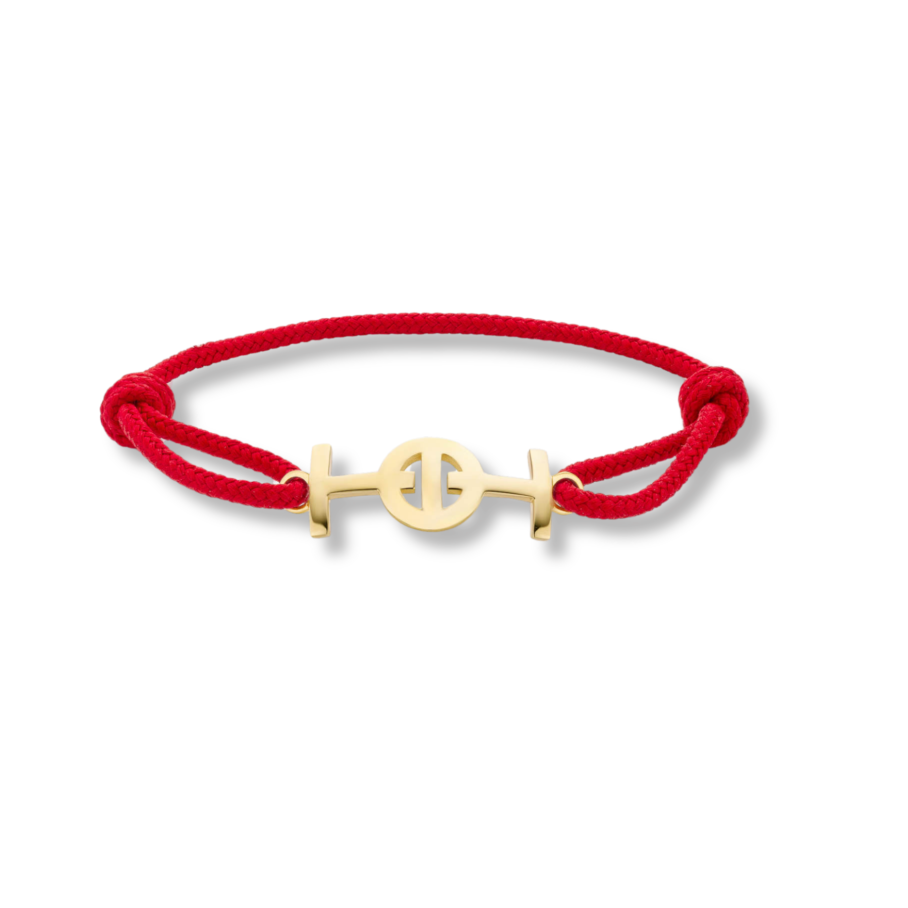 Gold 9KT Challenge Cord Bracelet in Red by TOTI - Strēid. Bold monogram bracelet with vibrant red cord and empowerment symbolism
