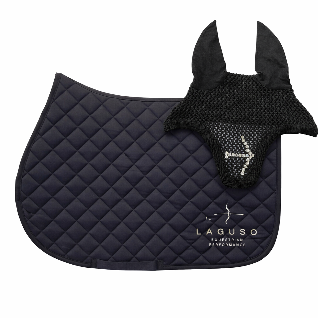 LAGUSO Luxury Black Saddle Pad & Swarovski Fly Hood Bundle - STRĒID. Matching black jump saddle pad with cotton filling and Swarovski fly bonnet.