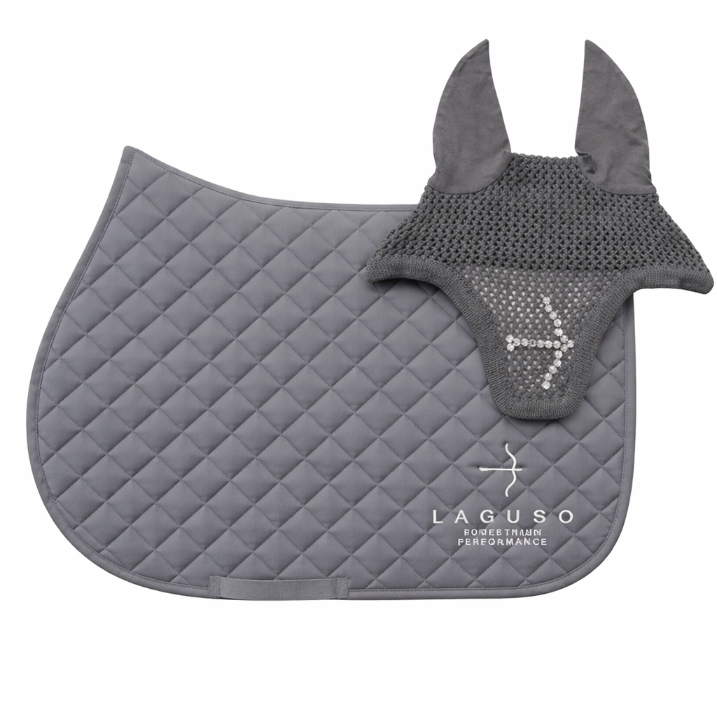 LAGUSO Luxury Grey Saddle Pad & Swarovski Fly Hood Bundle - STRĒID. Matching grey jump saddle pad with cotton filling and Swarovski fly bonnet.