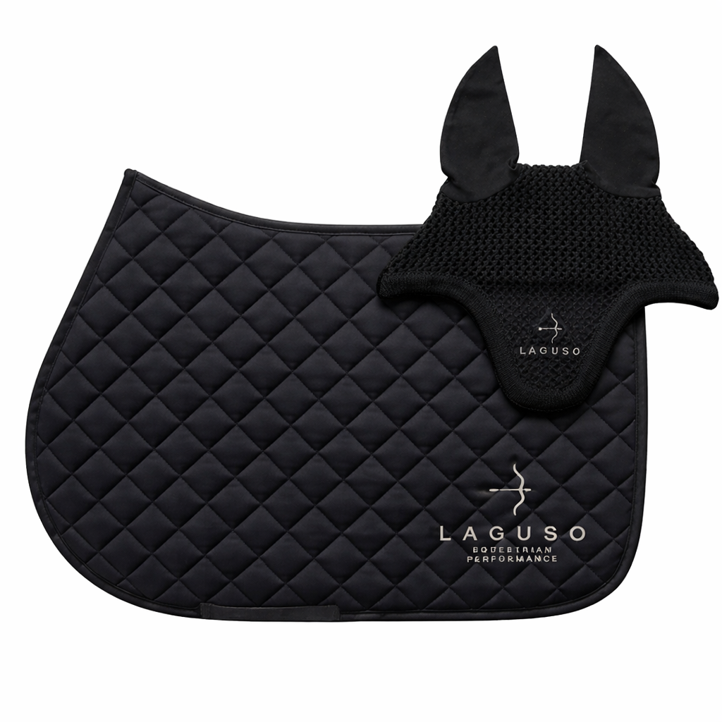 LAGUSO Luxury Jump Saddle Pad & Fly Hood Black Bundle - STRĒID. Breathable black jump saddle pad and logo embroidery fly veil set for horses.