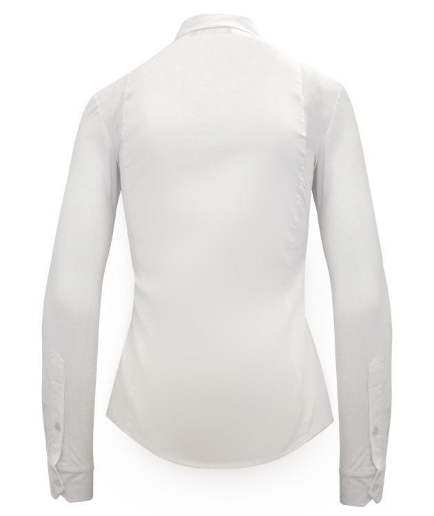 Laila White Kids Long Sleeve Blouse by LAGUSO - STRĒID. Elegant equestrian kidswear with pleated insert, SPF 50, and breathable white fabric