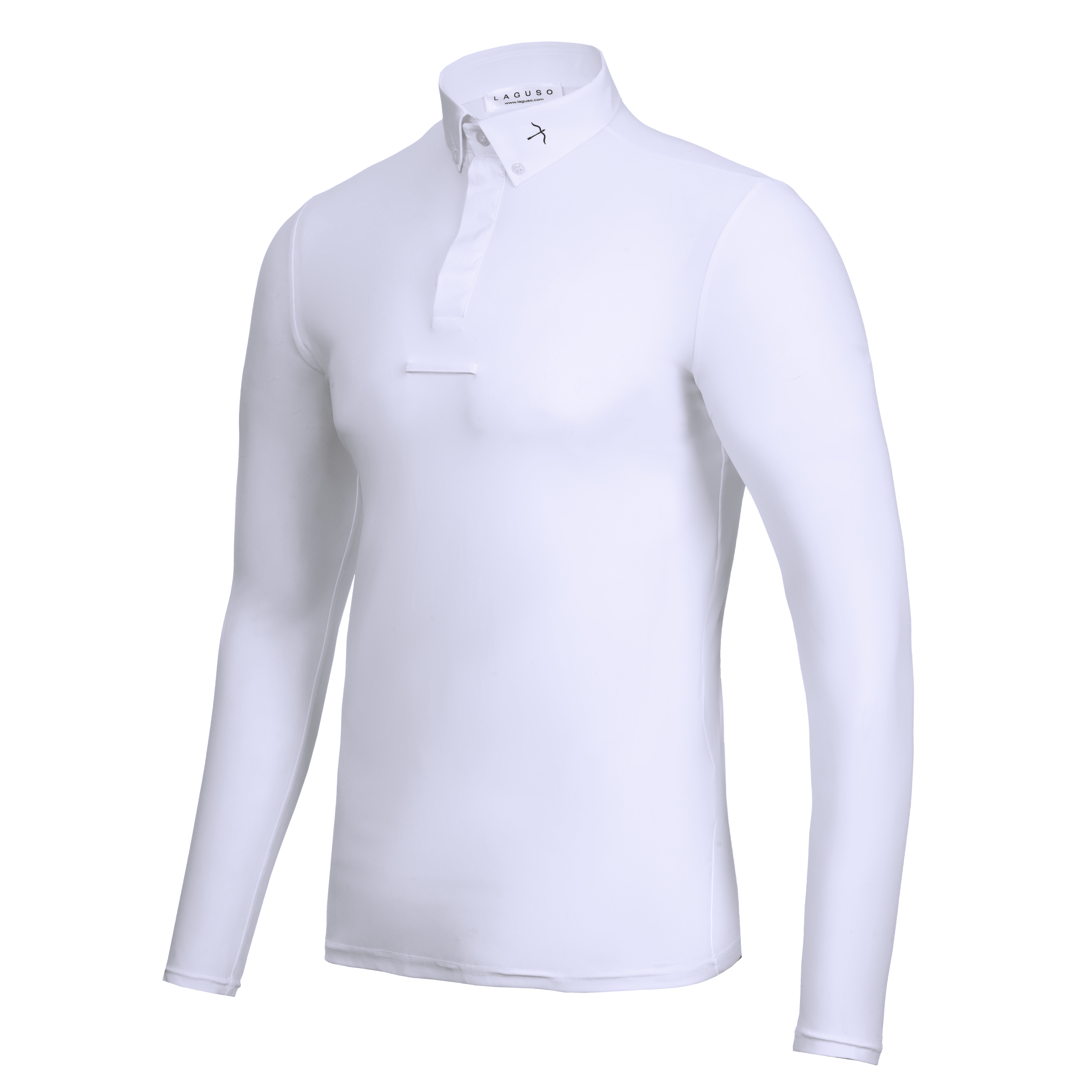 Logan White Competition Shirt by LAGUSO - Strēid. Breathable equestrian long-sleeve shirt with LPF 50 and bi-elastic fabric