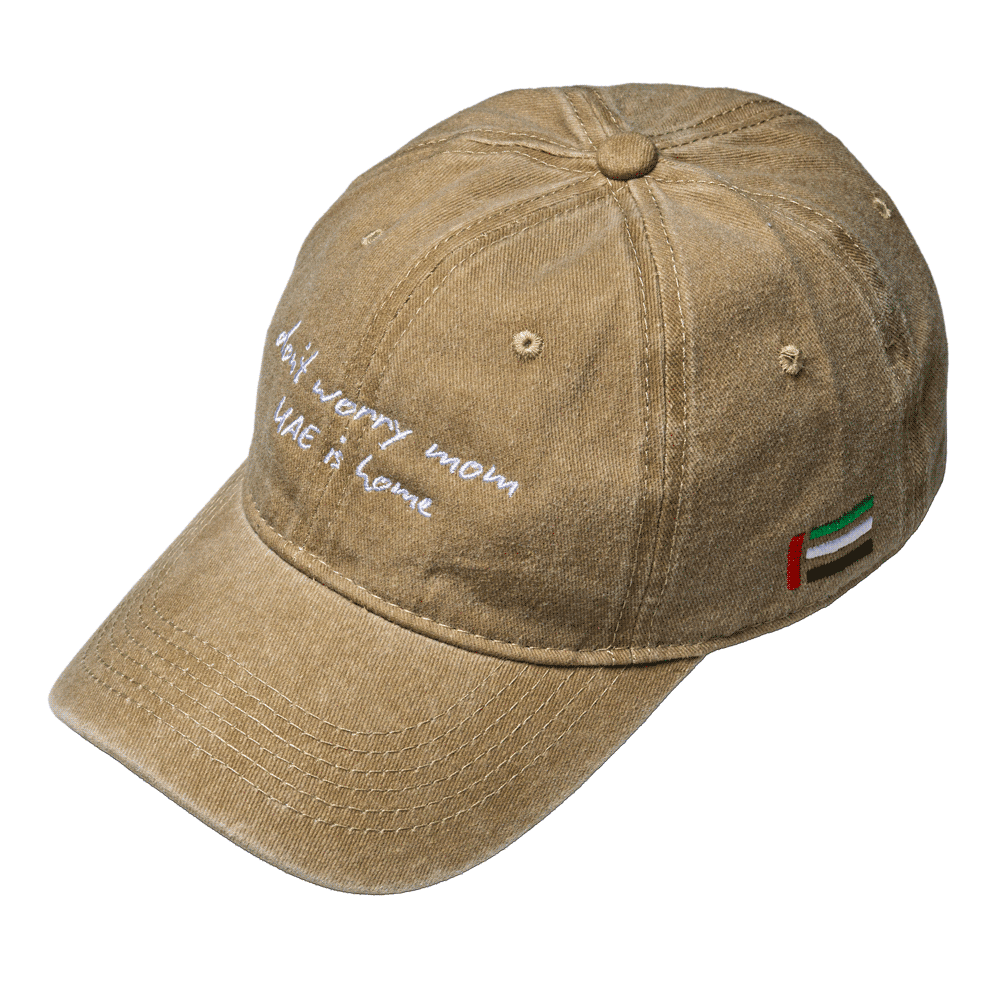 UAE Washed Denim Cap - Don't Worry Mom – STRĒID. best Relaxed fit washed denim hat inspired by Dubai and the UAE.