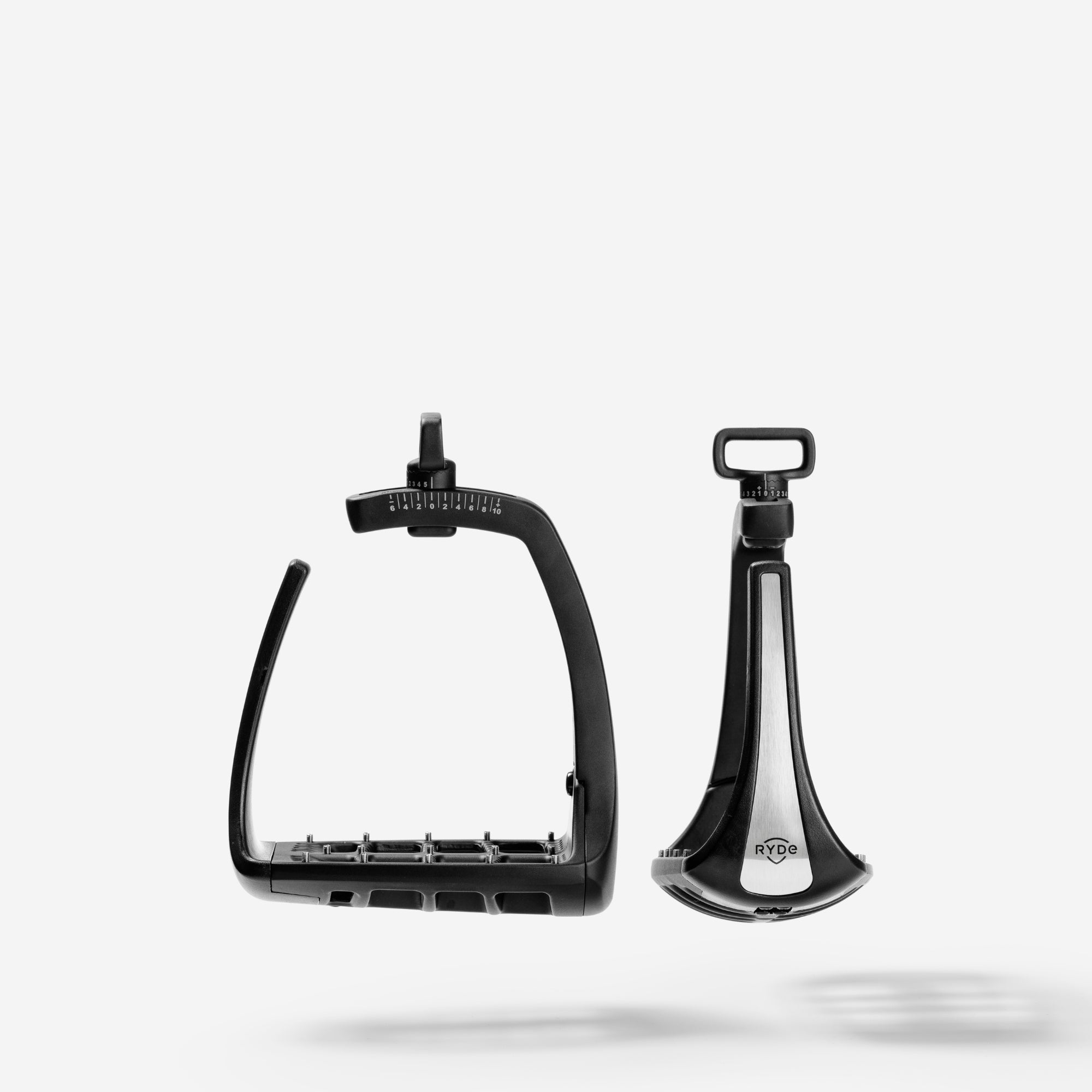 Adjustable Stirrups in Black by RYDE - Strēid. Equestrian stirrups with magnetic safety release and adjustable design

