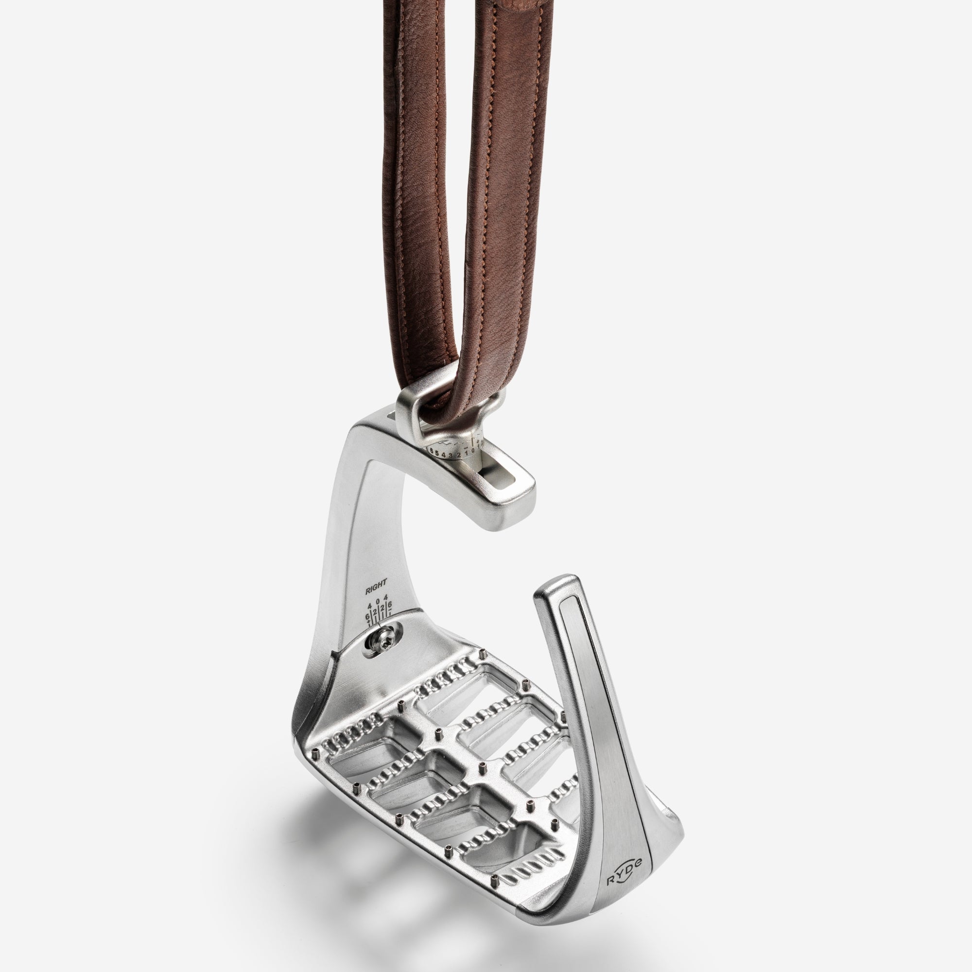 Adjustable Stirrups in Silver by RYDE - Strēid. Equestrian stirrups with magnetic safety release and adjustable design.

