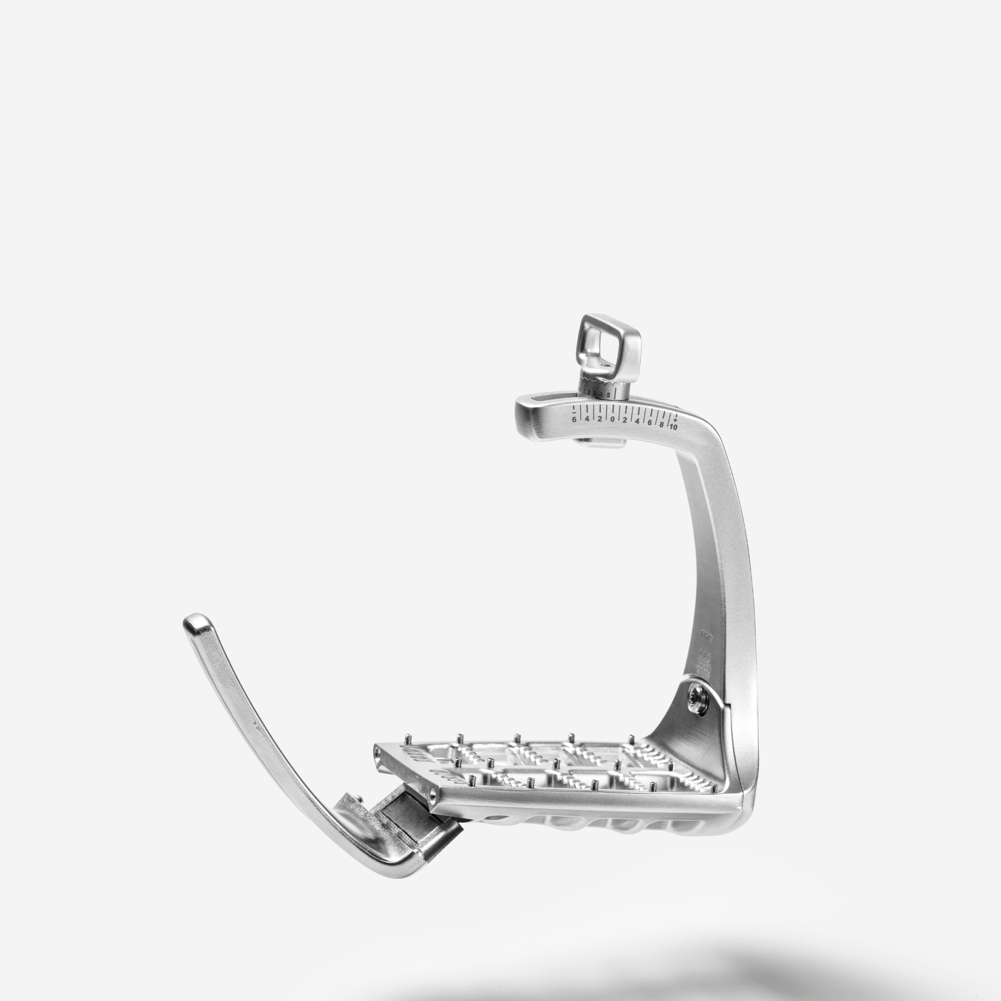 Adjustable Stirrups in Silver by RYDE - Strēid. Equestrian stirrups with magnetic safety release and adjustable design.

