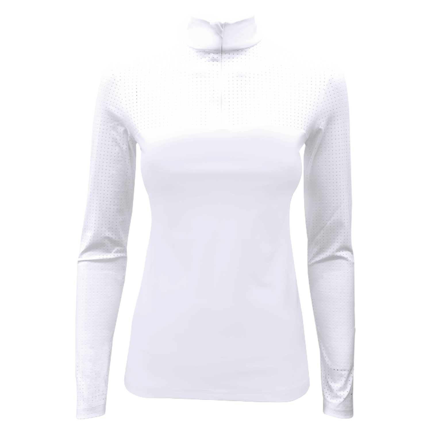 Carlotta Mesh White Tournament Shirt by LAGUSO - Strēid. Breathable equestrian shirt with mesh inserts and LPF 50

