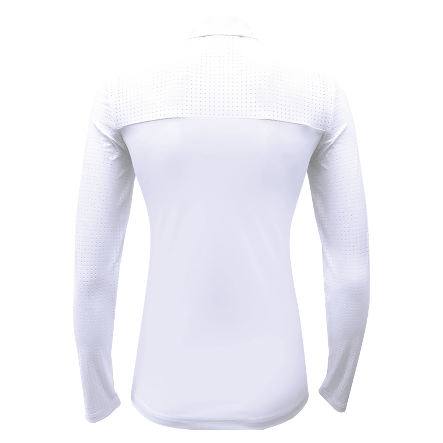 Carlotta Mesh White Tournament Shirt by LAGUSO - Strēid. Breathable equestrian shirt with mesh inserts and LPF 50

