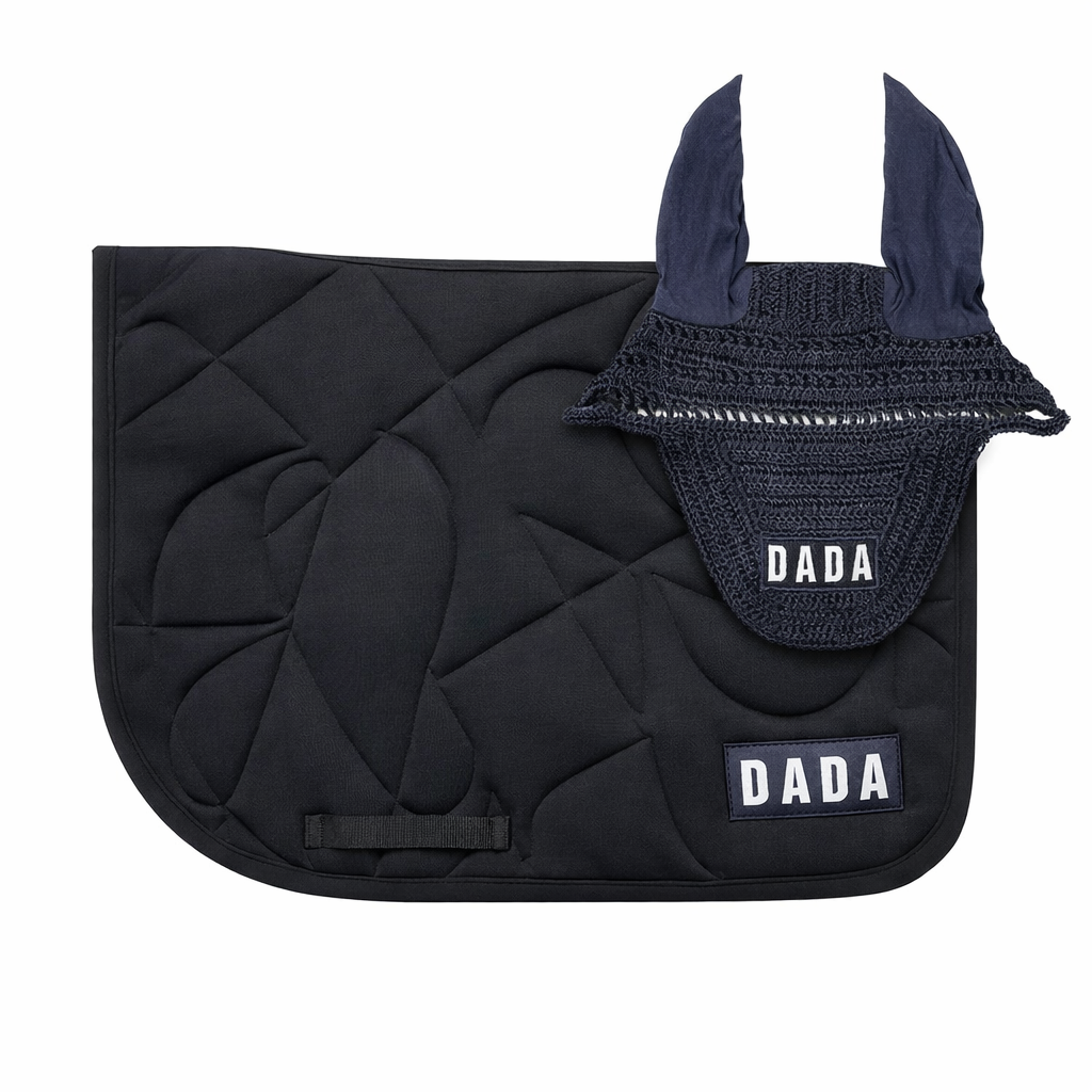 DADA SPORT Fit for Fun Navy Saddle Pad & Polias Ear Bonnet Bundle - STRĒID. Matching Dada Sport navy saddle pad with monogram and Polias fly veil.