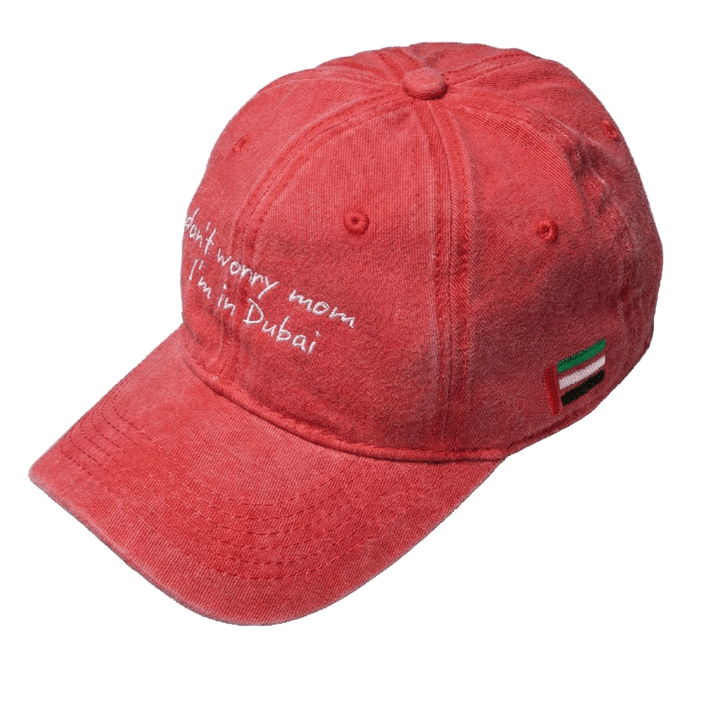 DXB Washed Denim Cap - Don't Worry Mom – STRĒID. Comfortable everyday washed denim cap with UAE-inspired design.