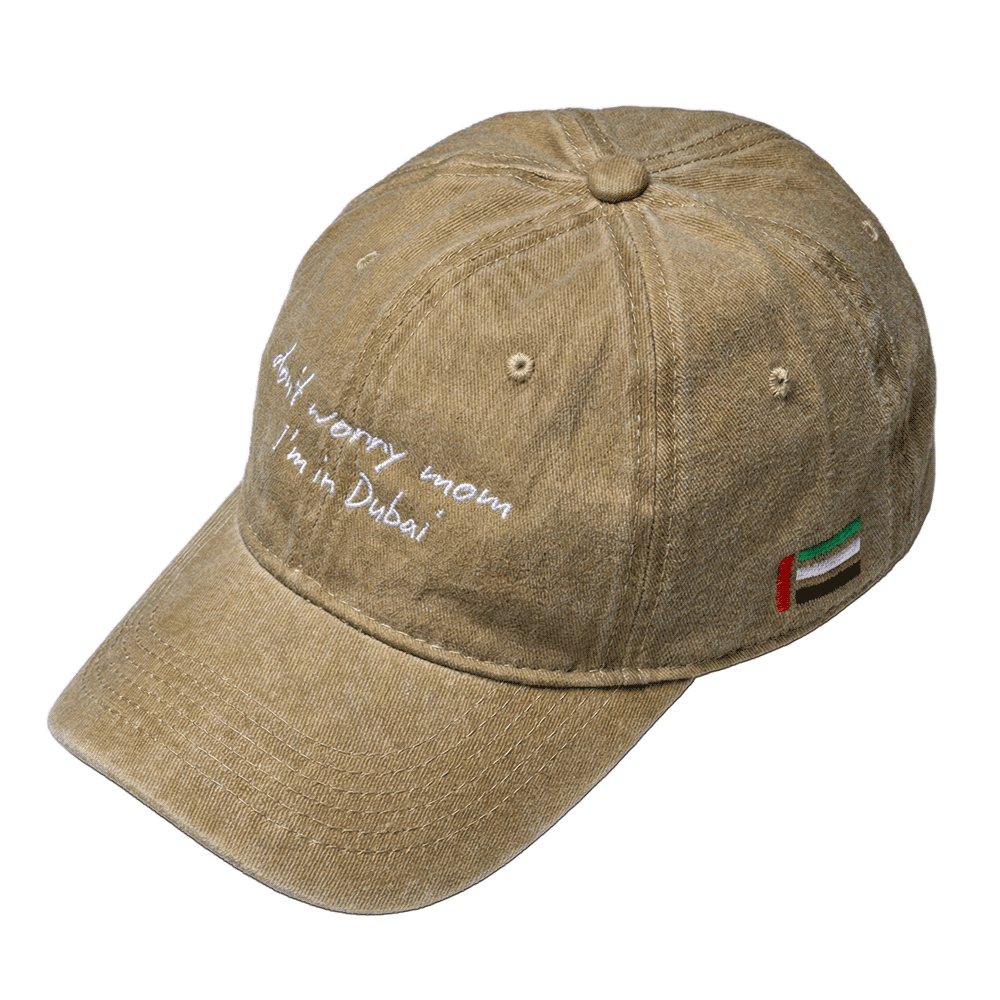 DXB Washed Denim Cap - Don't Worry Mom – STRĒID. Comfortable everyday washed denim cap with no1 UAE-inspired design.