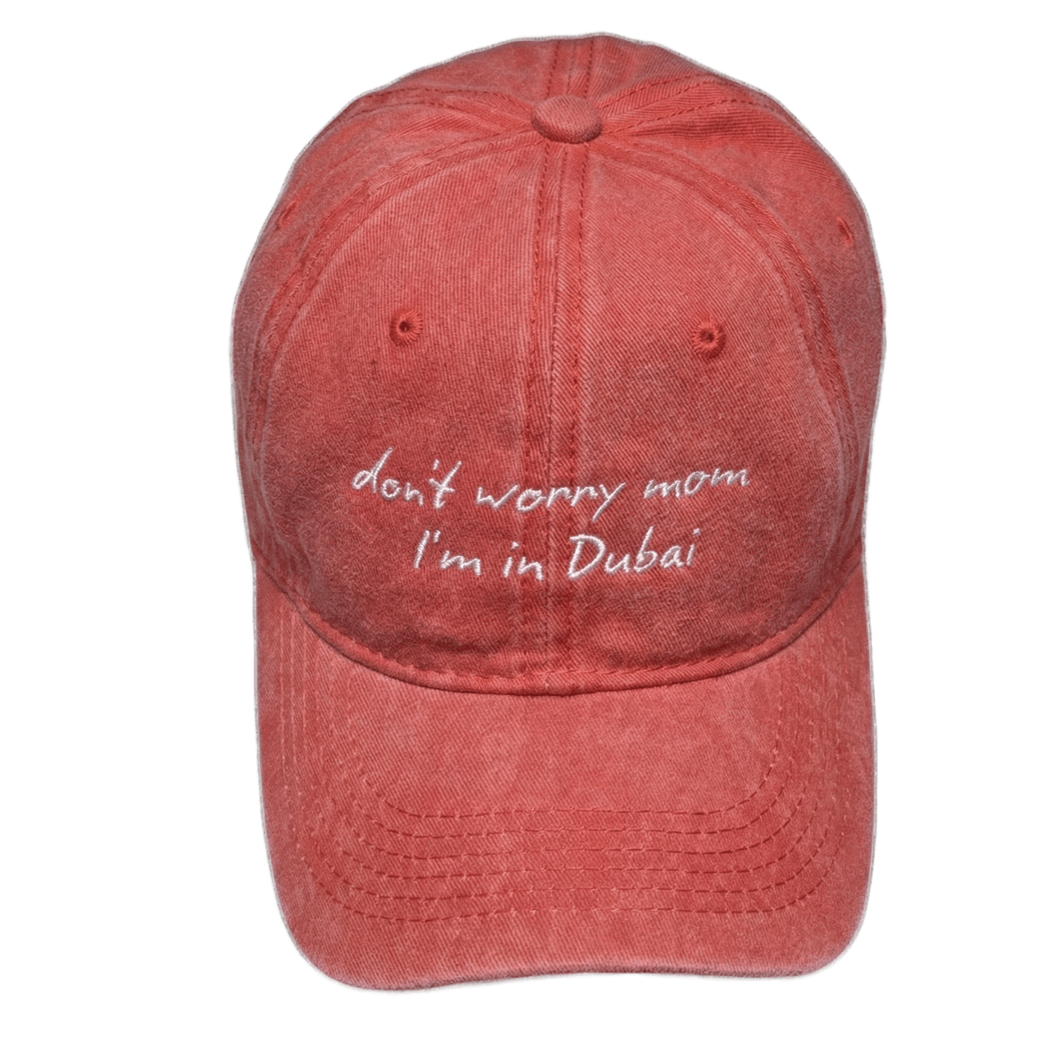 DXB Washed Denim Cap - Don't Worry Mom – STRĒID. Soft vintage style denim baseball cap designed in Dubai.