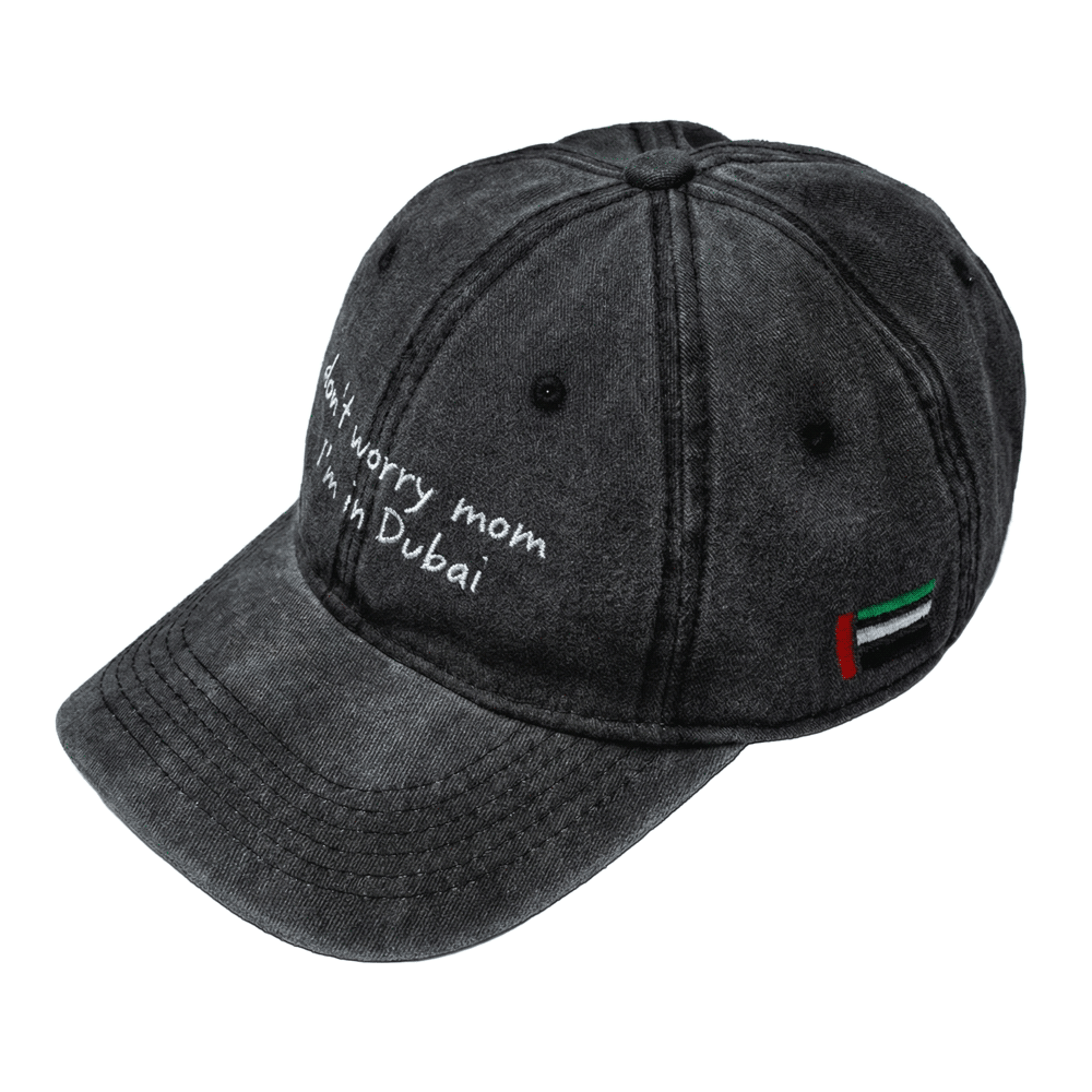 DXB Washed Denim Cap - Don't Worry Mom – STRĒID. Vintage style cap that feels like home – Made with UAE heart.