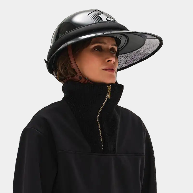 Dada Sport Aria Riding Helmet Visor Black - STRĒID. Transparent black helmet visor with UPF 50+ sun protection, adjustable gold buckle, and silicone grip for secure fit.