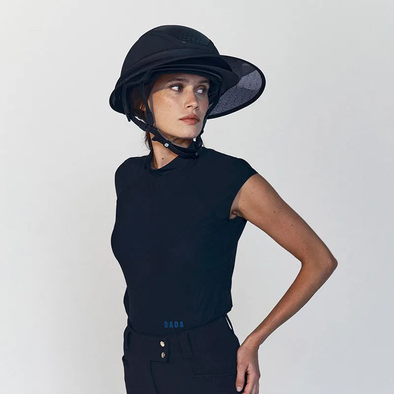 Dada Sport Aria Riding Helmet Visor Black - STRĒID. Transparent black helmet visor with UPF 50+ sun protection, adjustable gold buckle, and silicone grip for secure fit.