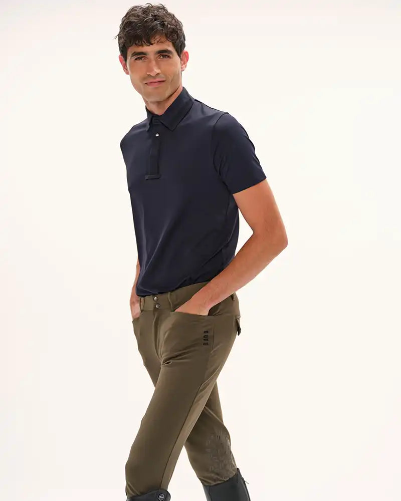 Dada Sport Blue Competition Polo Shirt - STRĒID. Short-sleeve lightweight show polo with invisible snaps, tie loop, double monogram, bi-stretch breathable Italian fabric.