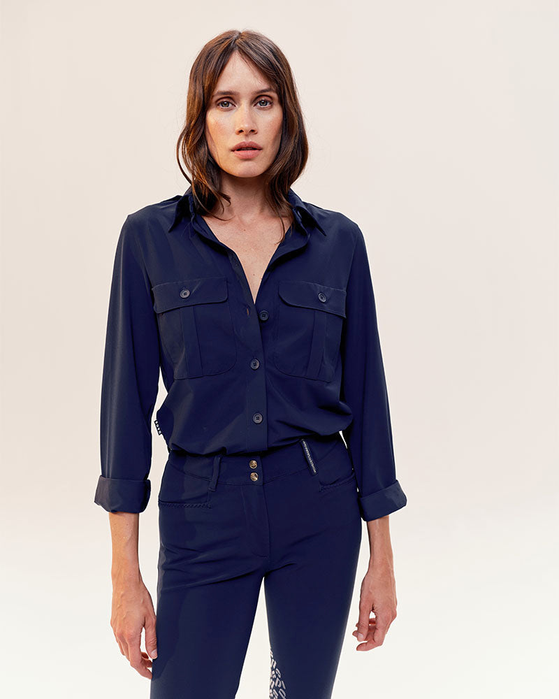 Dada Sport Hattina Technical Shirt Mocha - STRĒID. Breathable mocha safari shirt with flap pockets, bi-stretch fabric, vegetable ivory buttons, perfect for riding or town.