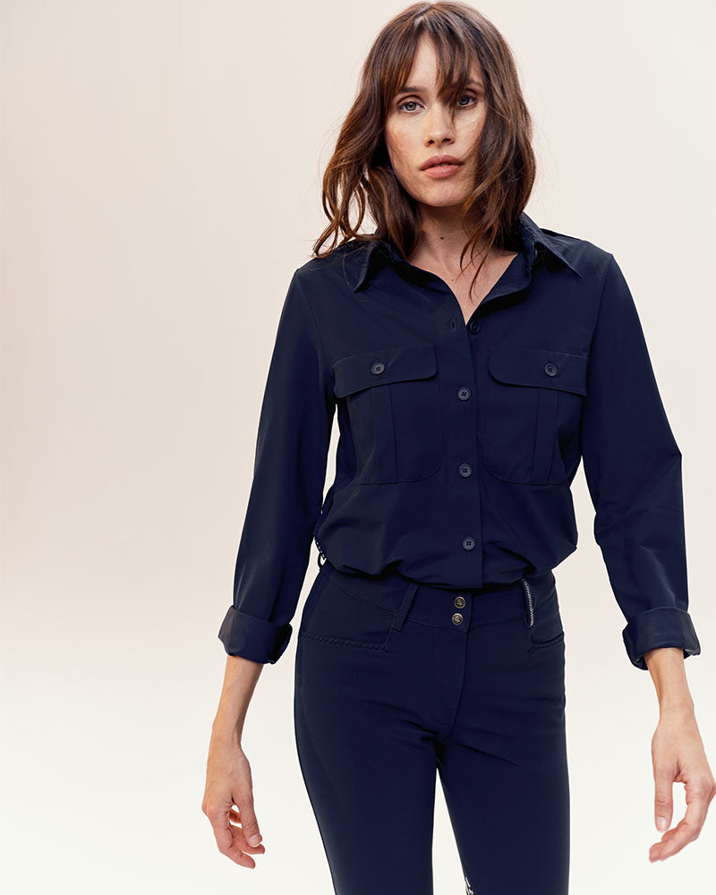 Dada Sport Hattina Technical Shirt Mocha - STRĒID. Breathable mocha safari shirt with flap pockets, bi-stretch fabric, vegetable ivory buttons, perfect for riding or town.