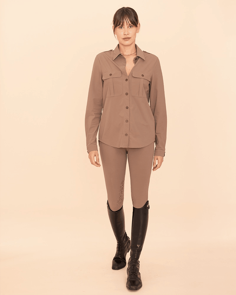 Dada Sport Hattina Technical Shirt Mocha - STRĒID. Breathable mocha safari shirt with flap pockets, bi-stretch fabric, vegetable ivory buttons, perfect for riding or town.