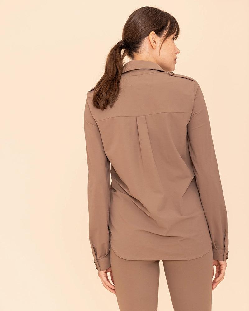 Dada Sport Hattina Technical Shirt Mocha - STRĒID. Breathable mocha safari shirt with flap pockets, bi-stretch fabric, vegetable ivory buttons, perfect for riding or town.