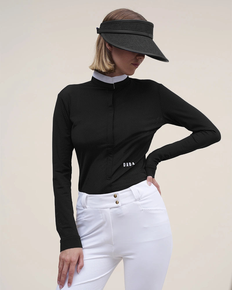 Dada Sport Helios ML Competition Polo Shirt - STRĒID. Long-sleeve fitted show polo with rigid officer collar, invisible buttons, microperforated recycled fabric, UPF 50+.